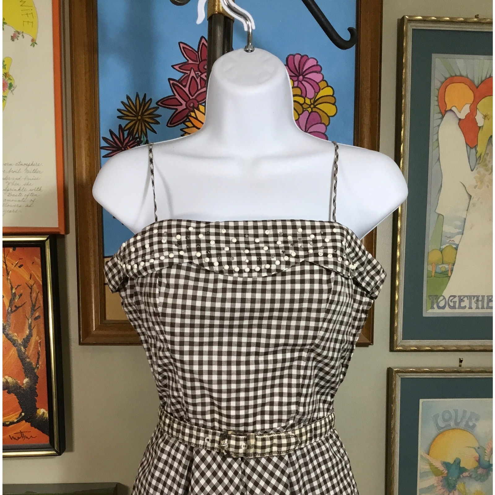 1950s Brown Gingham Sundress Vintage Cotton Check Dress with Shawl Set Small MCM