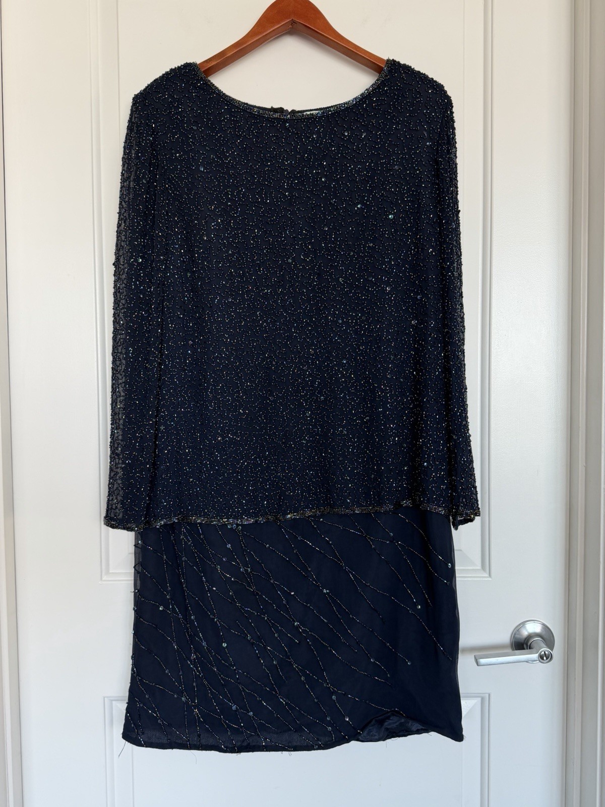Adrianna Papell 100% Silk Vintage Blue Beaded Iridescent Party Formal Sheer 16
