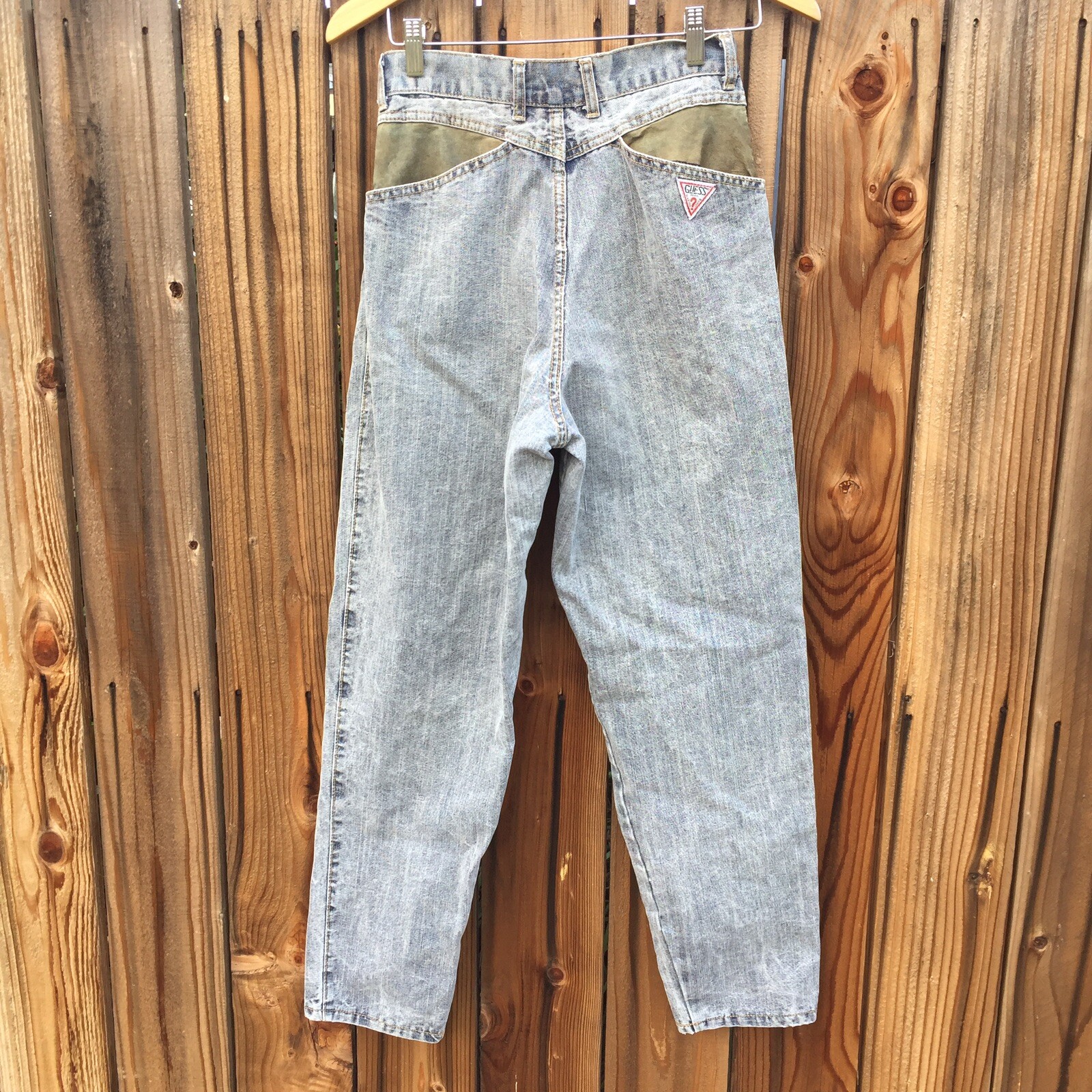 VTG Guess Mom Jeans High Waist Denim Leather USA Georges Marciano Distressed 27