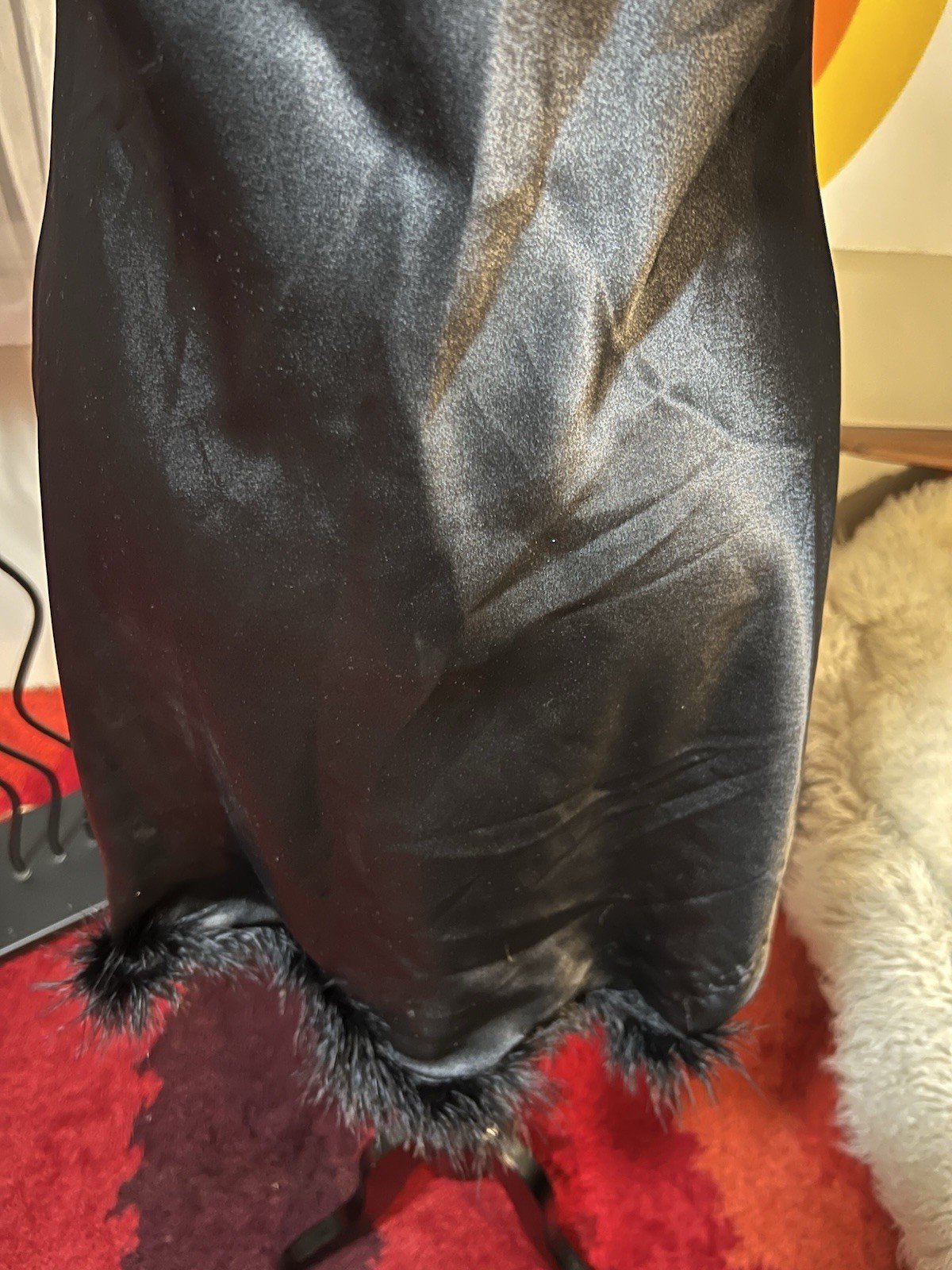 Vtg Gilligan & OMalley Gold Label Gloss Satin Faux Fur Trim Slip Dress Y2K Black