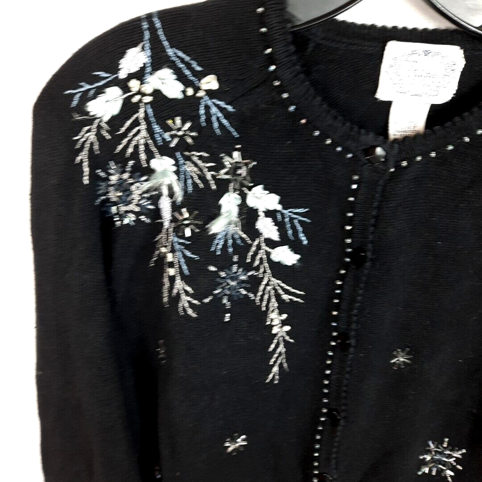 Stitches in Time Snowflake Beaded Embroidered Cardigan Sweater Large Black White