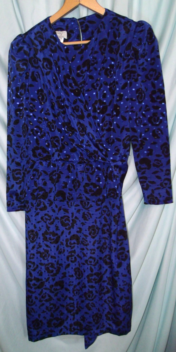 VTG Jody Calif. Blue Geometric Midi Peplum Sheath Dress Women’s Sz 14 80s Retro