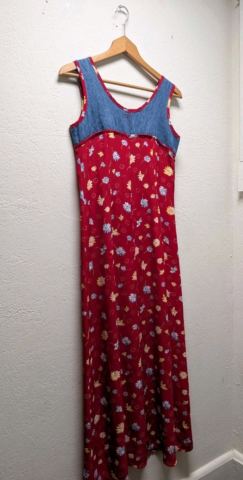 Women’s Vintage 90s Mixed Media Maxi Dress Red Floral Denim Sz 8 Grunge Western