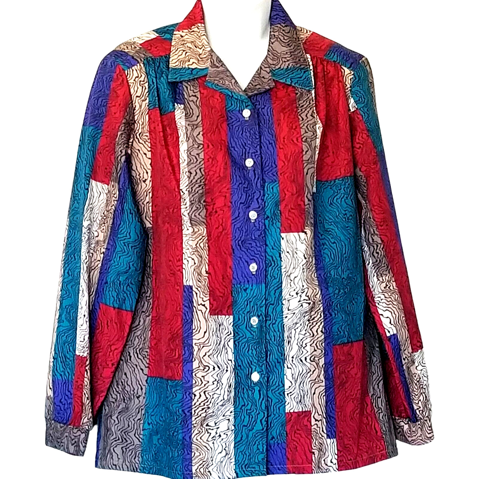 Bradley Top Womens 14 Vintage 70s Patchwork Print Long Sleeve Button Silky