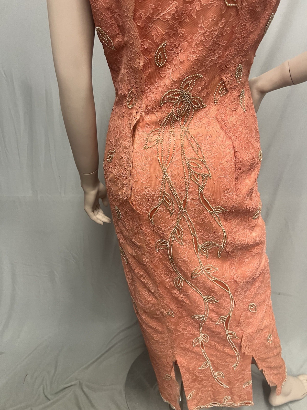 Elegant 1950’s Peach Beaded Lace Evening Gown Mory Roen Couture