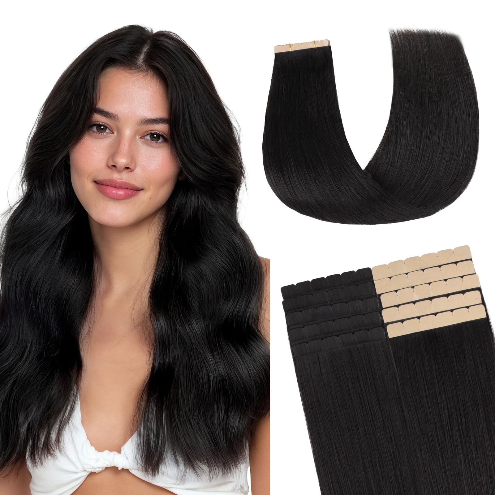 GOO GOO Tape in Hair Extensions Tape 201, 1B Natural Black, 22inch 40g 10pcs, Mi