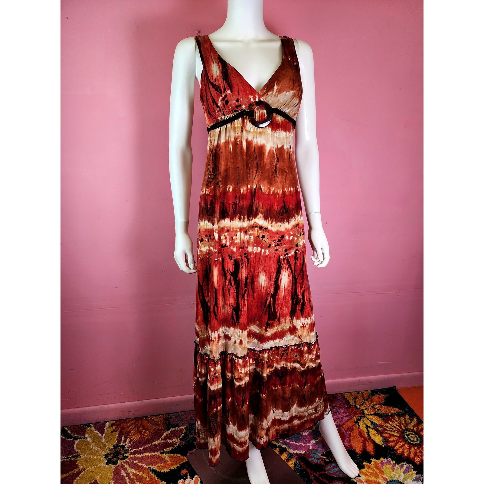 Vintage Y2K Fire Tie Dye Red Rust Brown Tortoise Shell Bead Maxi Dress by BCX