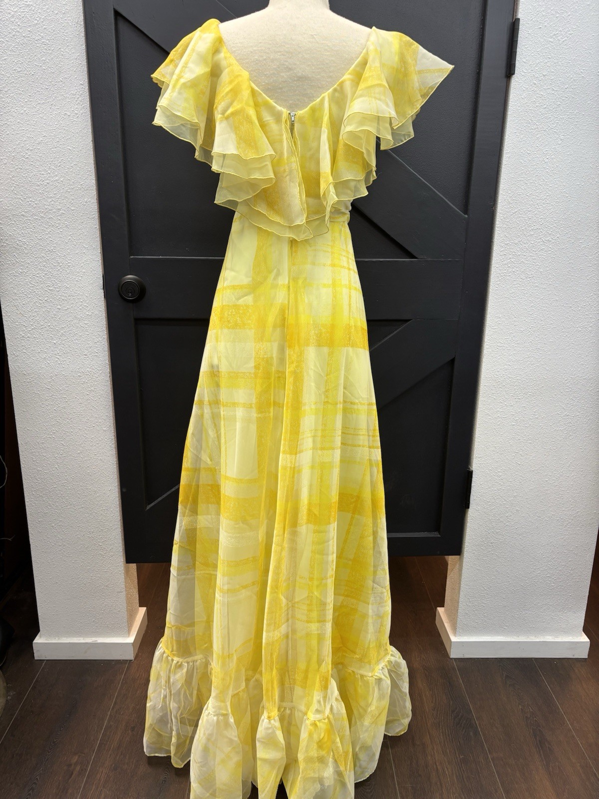 1970s Yellow Plaid Ruffled Floral Party Maxi Dress Gown Summer Spring ILGWU VTG