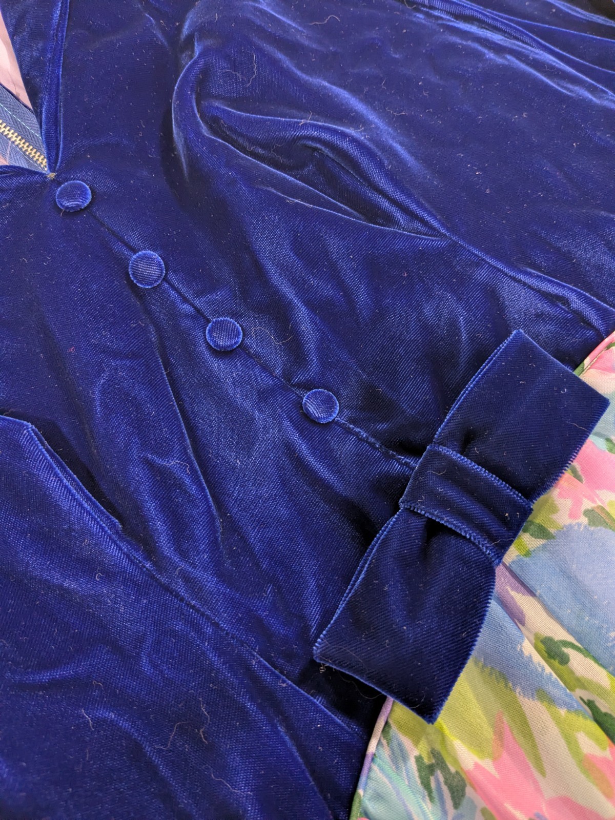 Vintage 70s Union Made Blue Velvet Maxi Dress Size Large 34 Inch Waist