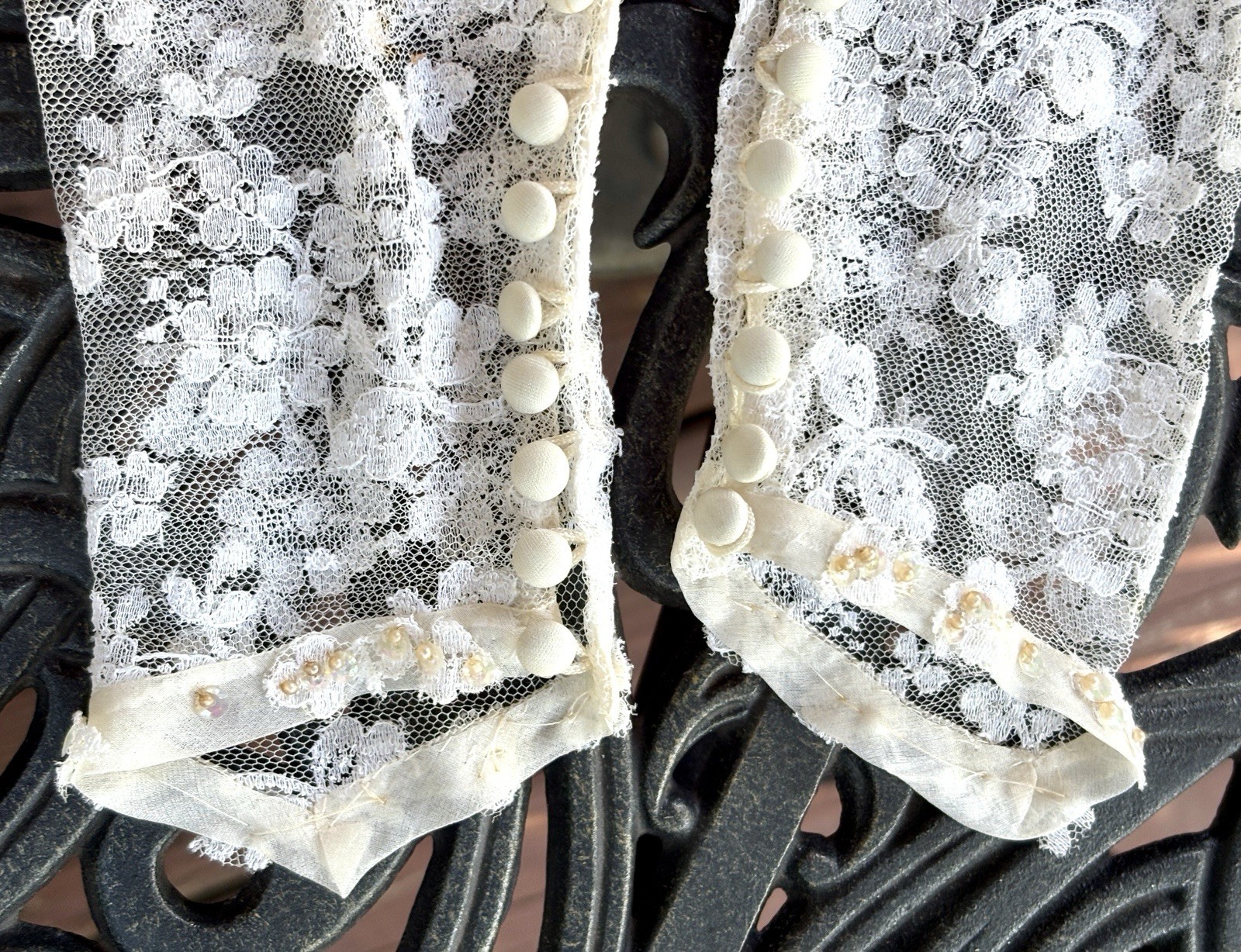 Vintage 1950s Satin & Lace Button Back Wedding Dress w Beads, Bow & Lace Gloves