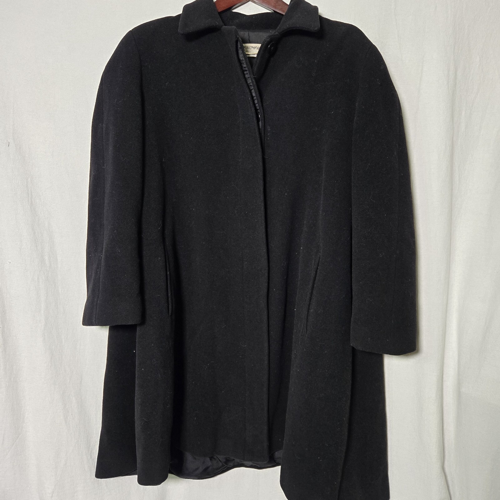 Vintage Emporio Armani Italy Womens 44 Swing Coat Virgin Black Wool Satin Lined