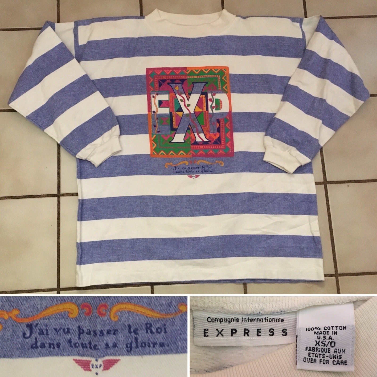 Vintage EXP Big Logo Striped Shirt 80s 1980s XS/0 Oversized Fit USA
