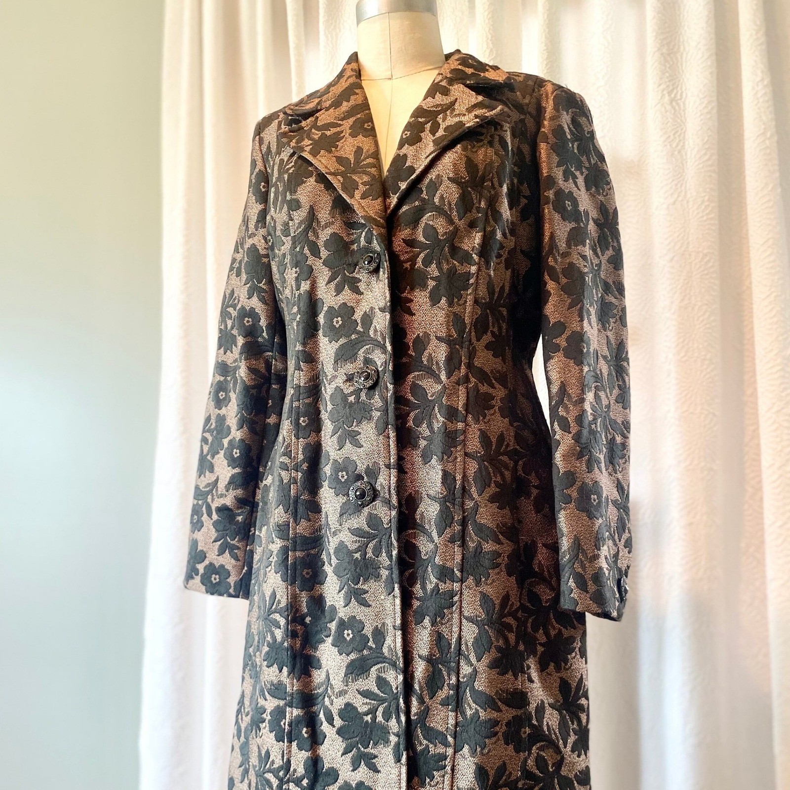 Vintage Brocade Trench Coat, Black Copper Metallic Floral, Size 12