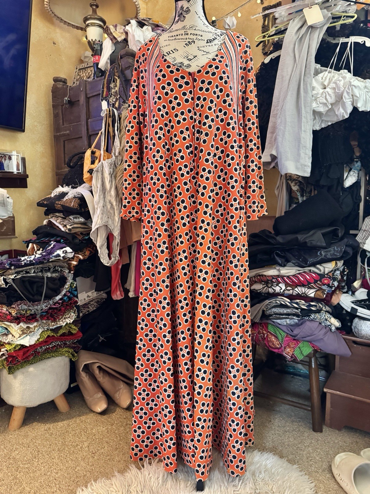Vtg 60s 70s Orange Navy Caftan Maxi Hostess Dress Gown Plunge Zipper Pocket Pop