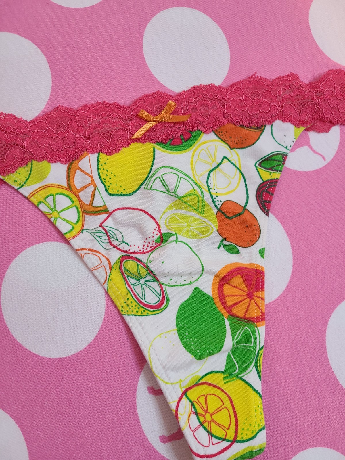 Rare VTG Victoria’s Secret PINK Lace Waist Cotton Citrus Thong Size Lg