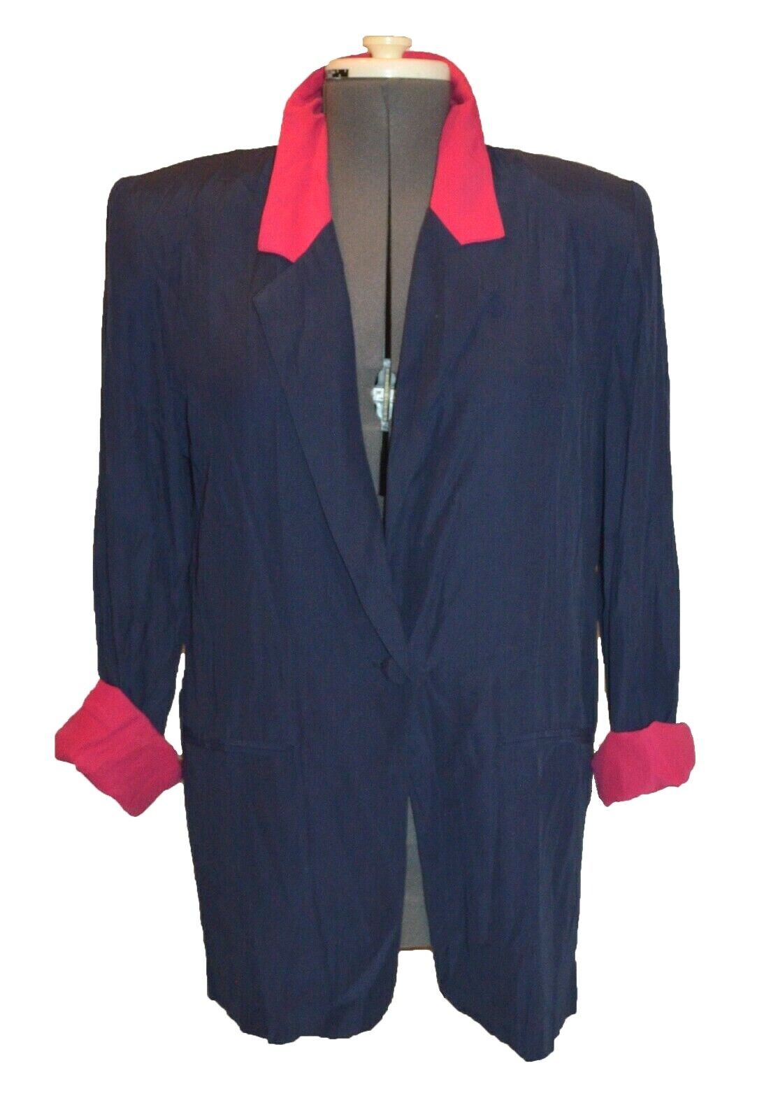 Michael Taylor Vintage 80s Navy Blue & Pink Oversize Blazer Suit Jacket size M