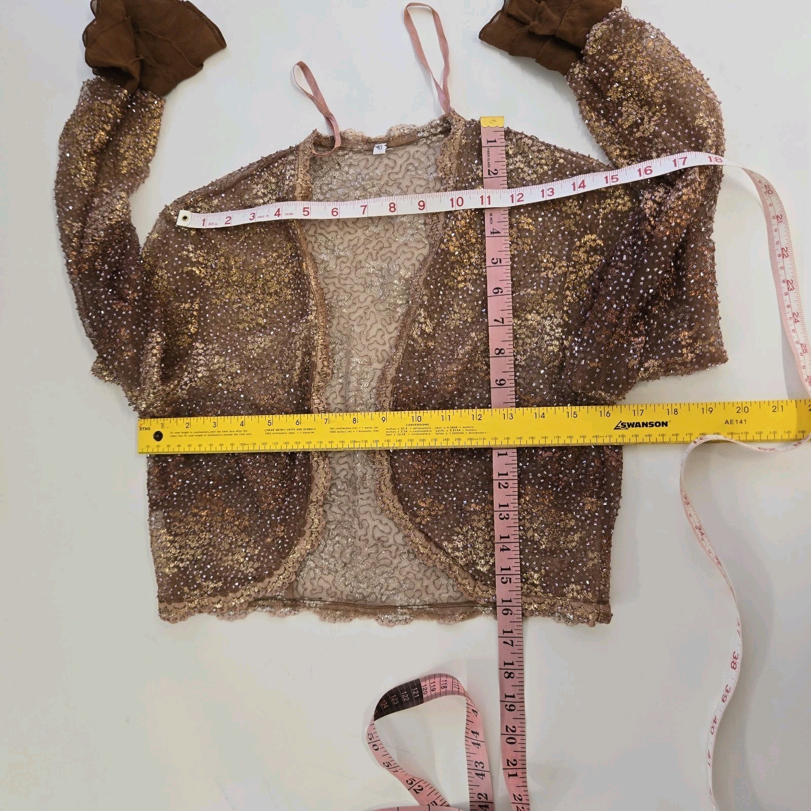 Vtg Beaded Sequin Crop Cardigan Sheer Bolero Shrug Ruffle Evening Jacket 10
