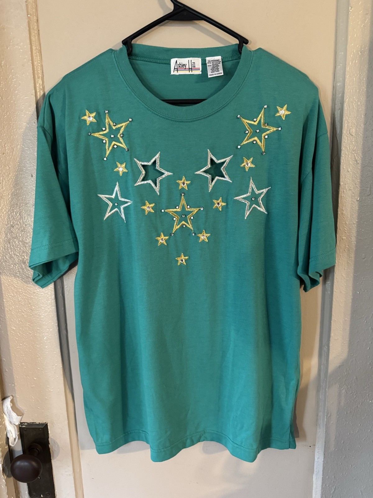 Vtg Metallic Star Embroidery 90s Women’s M Teal Rhinestone Blouse Ashely Hill