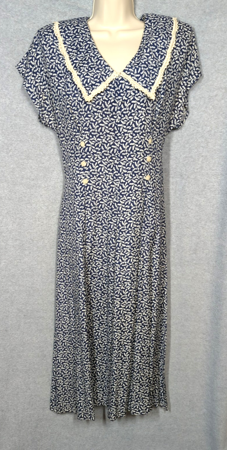 Vtg Karin Stevens Maxi Dress 14 Lace Trim Pastoral Print Cottage Core Prairie