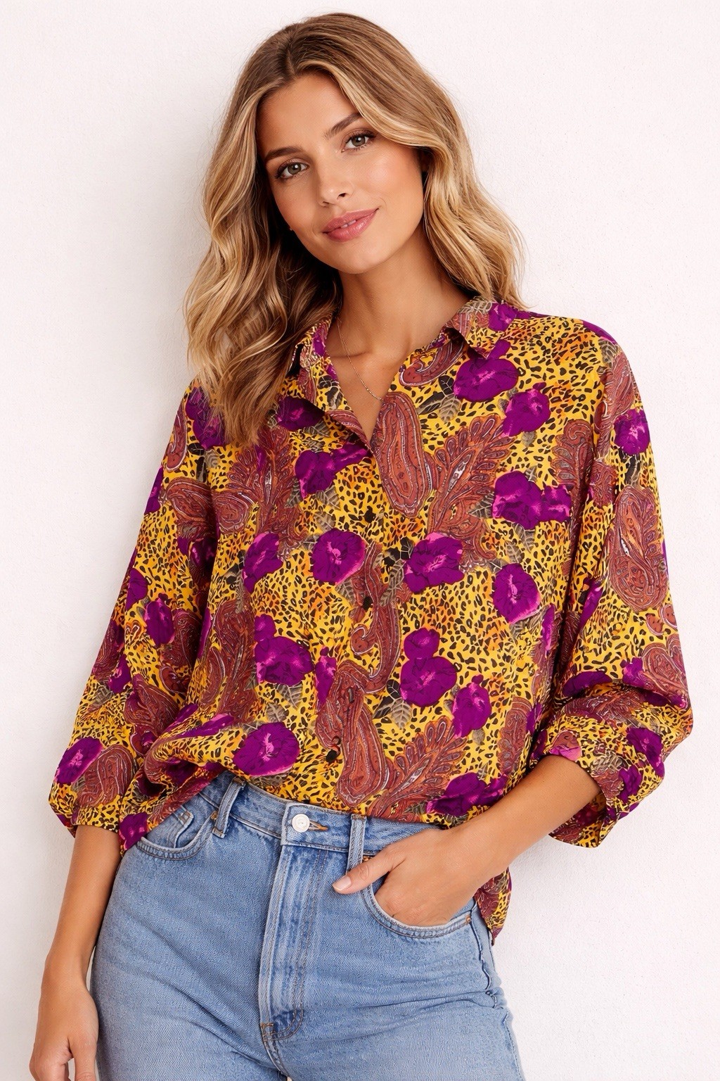 Vintage Bogari Womens M Purple Animal Print Leopard Silk Blouse Long Sleeve