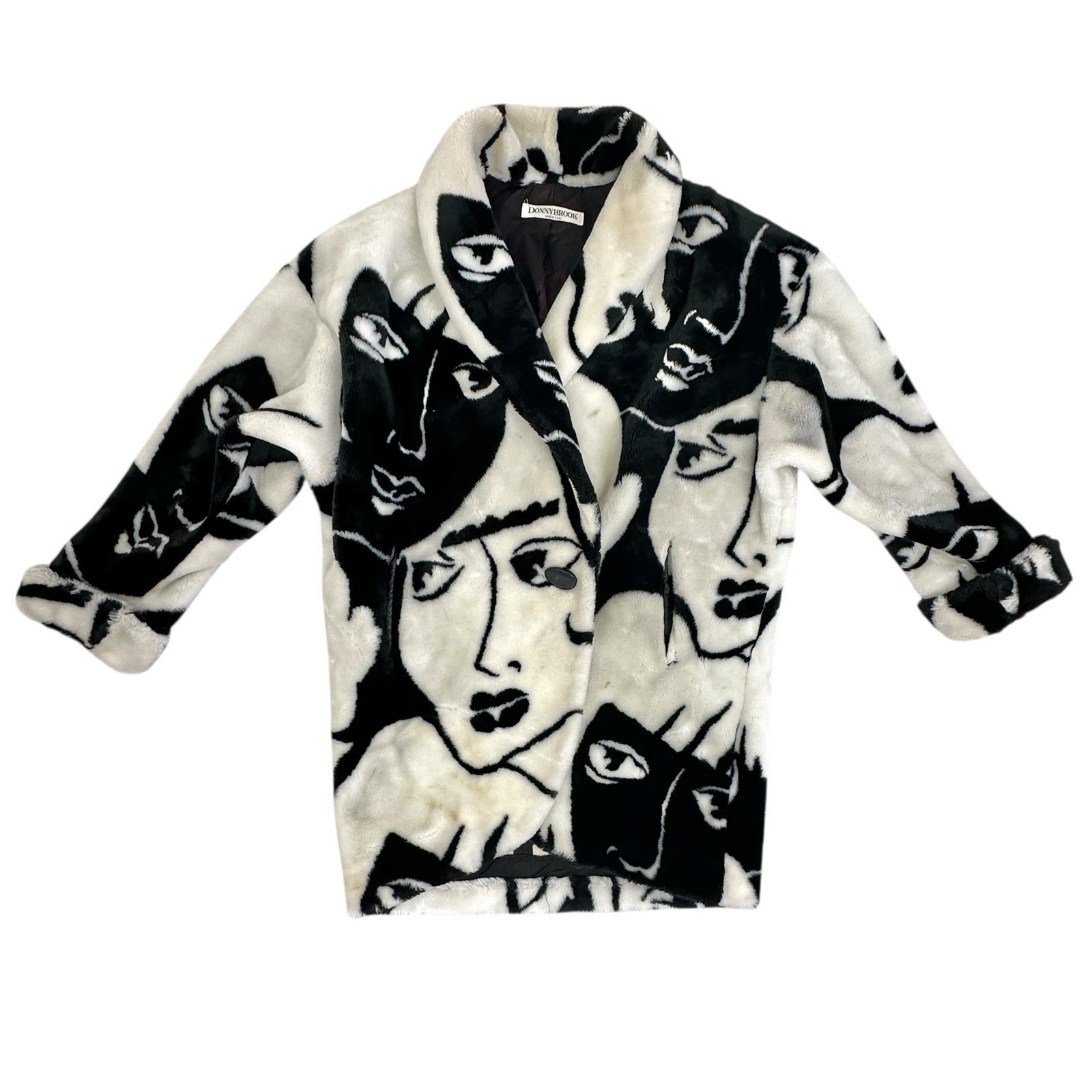 1980s Donnybrook Black & White Oversized Faux Fur Coat Picasso Faces (As Is) /cb