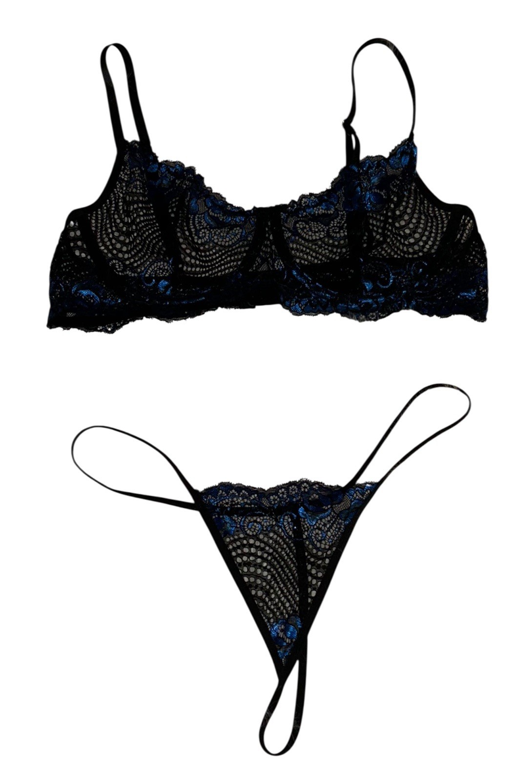 2PC Avidlove Black Lace Silky Sheer Blue Trim Bra & Panties XL NOS