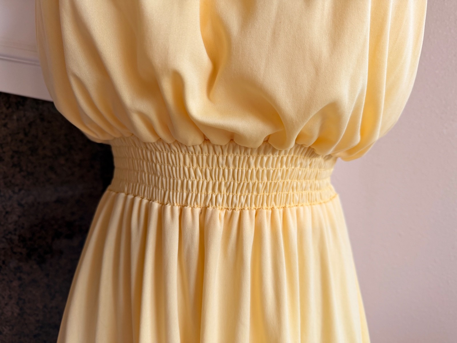Vintage 70s Pale Yellow Floral Off Shoulder Draped Ruffle Summer Maxi Dress SM