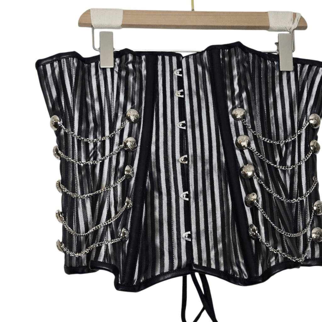 Silver Black Boned Corset Size 28 Stripe Button Chain Heavy Burlesque Steampunk