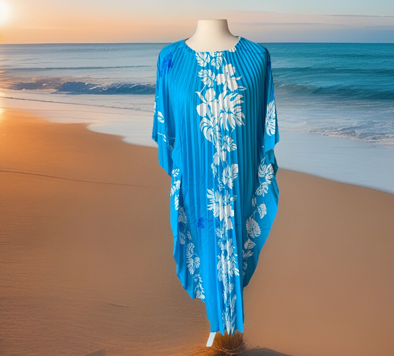 VTG Resort Line Hawaii BLUE Accordion Pleated Muumuu Hawaiian Caftan Dress OS