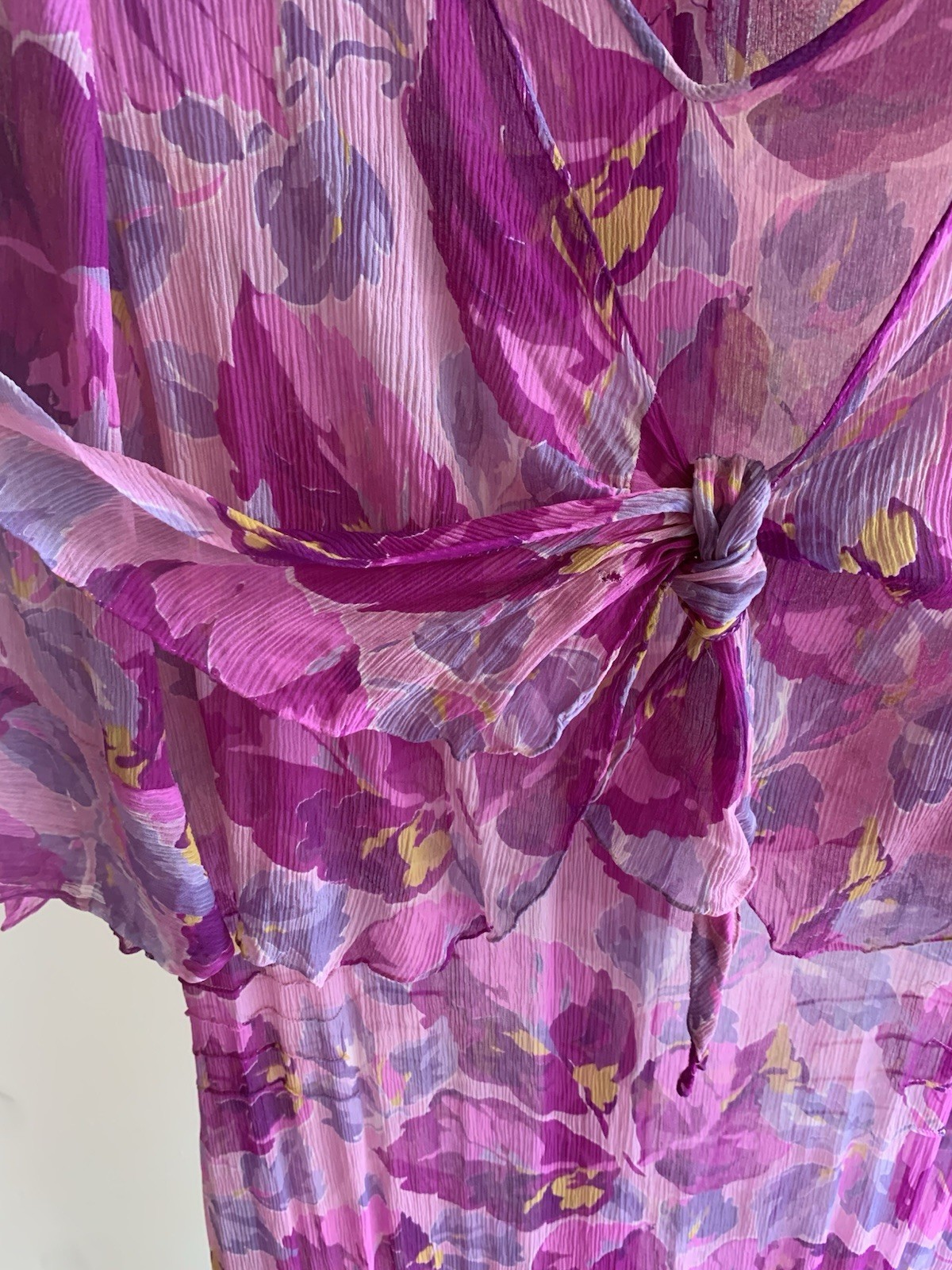 Vintage 1920s Purple Pink Floral Silk Crinkle Chiffon Dress Jacket Set Size S