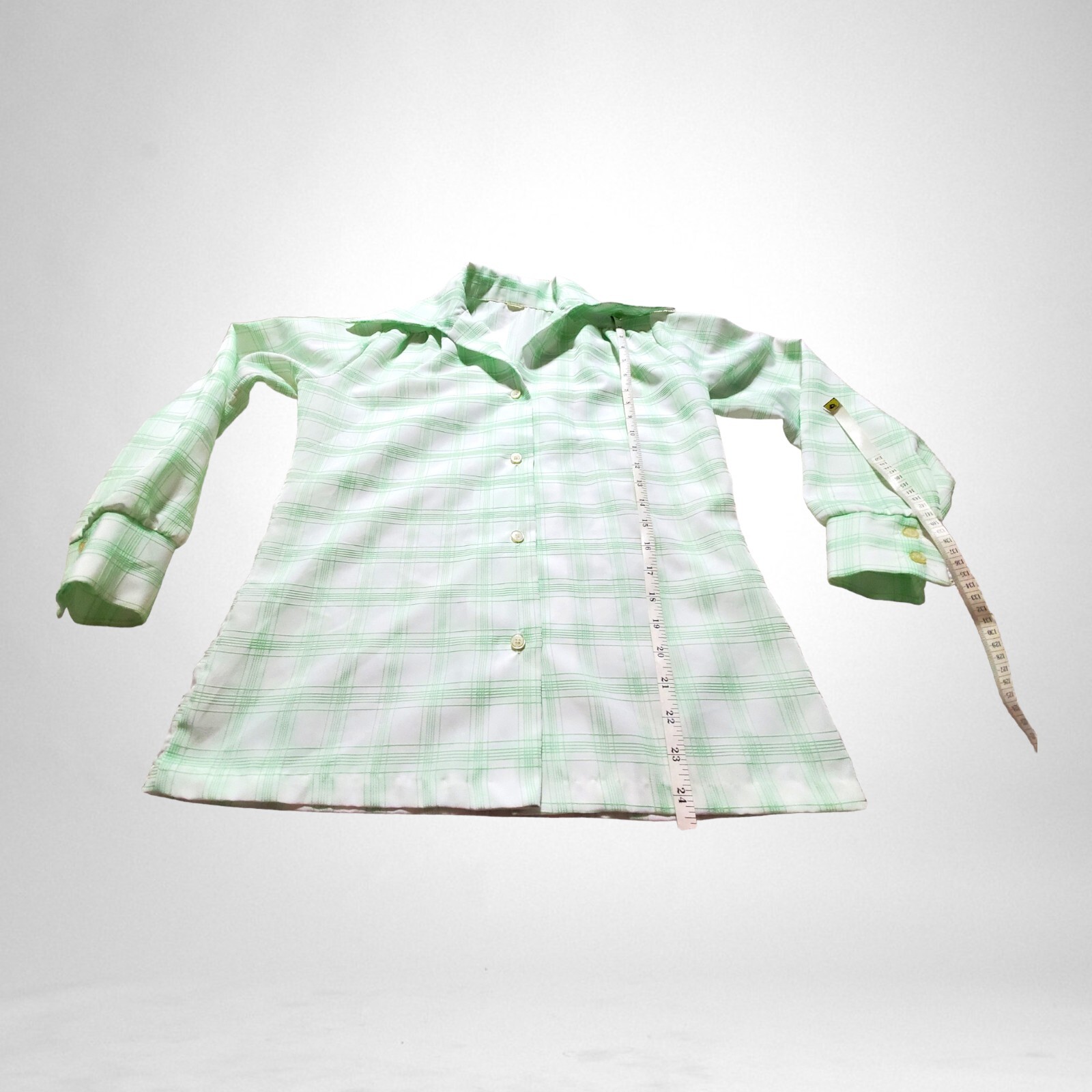 Vtg Green Plaid Button Up Shirt Pointed Collar Lightly Textured Small ? Women’s