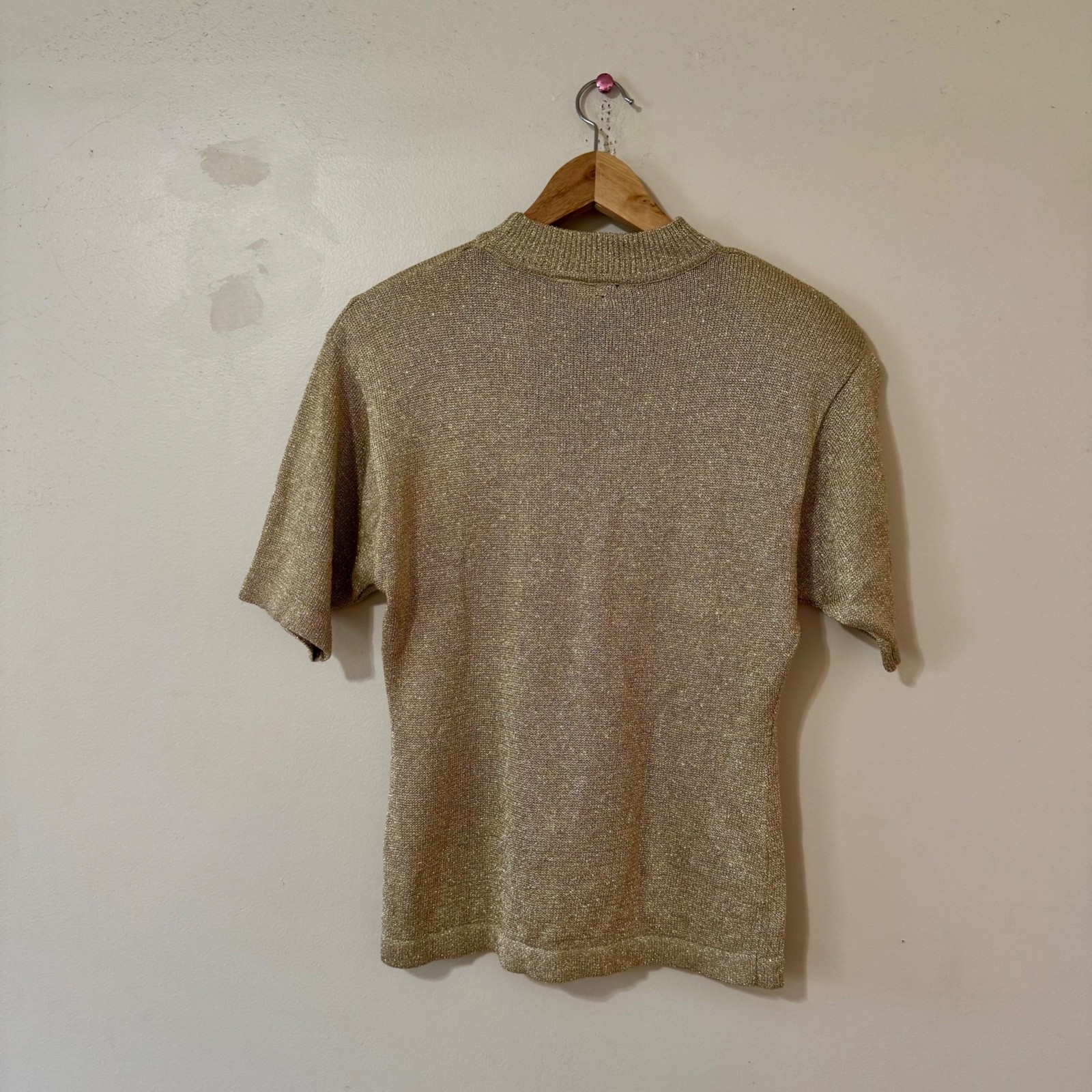 Vintage 80s Gold Glitter Metallic Blouse Knit Top Shirt Size Medium