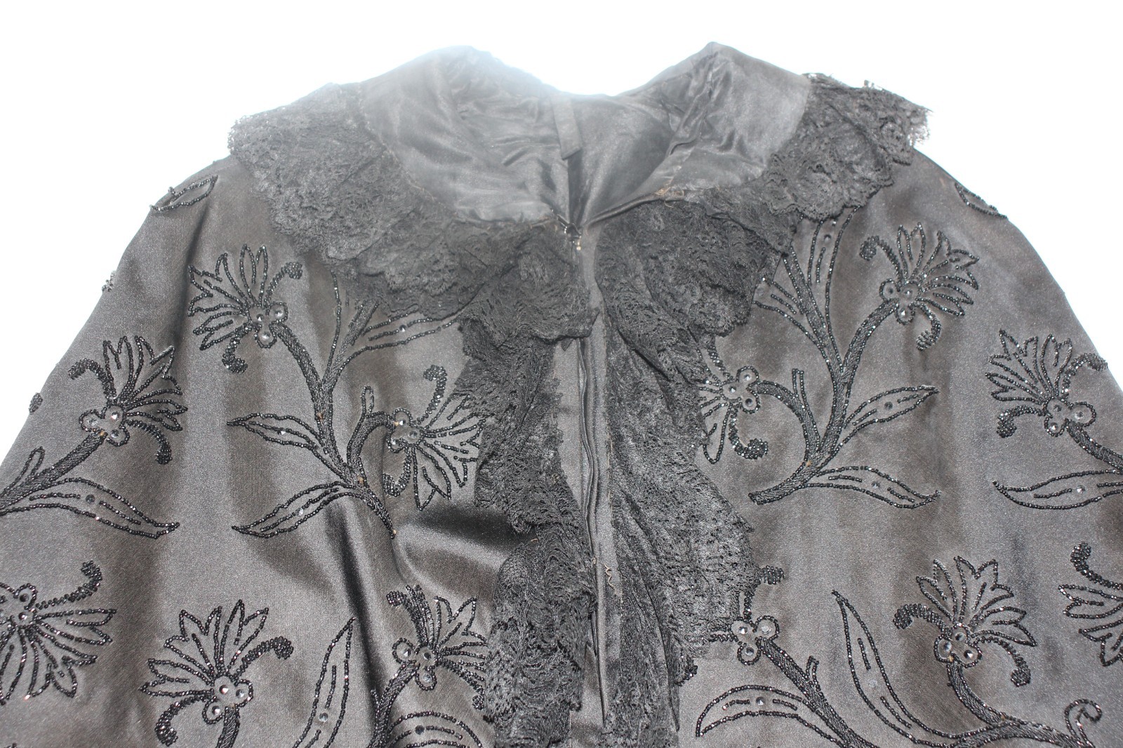 Antique Edwardian Victorian Black Mourning Cape Exquisite Design Lace Beads