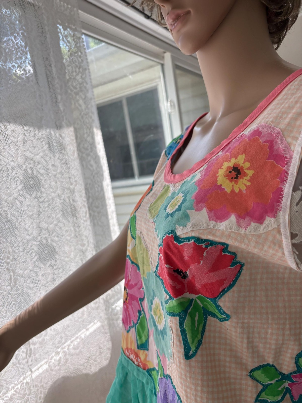 Upcycled Pinafore Dress: Floral Appliques, Lace Trim, OOAK Handmade Tunic