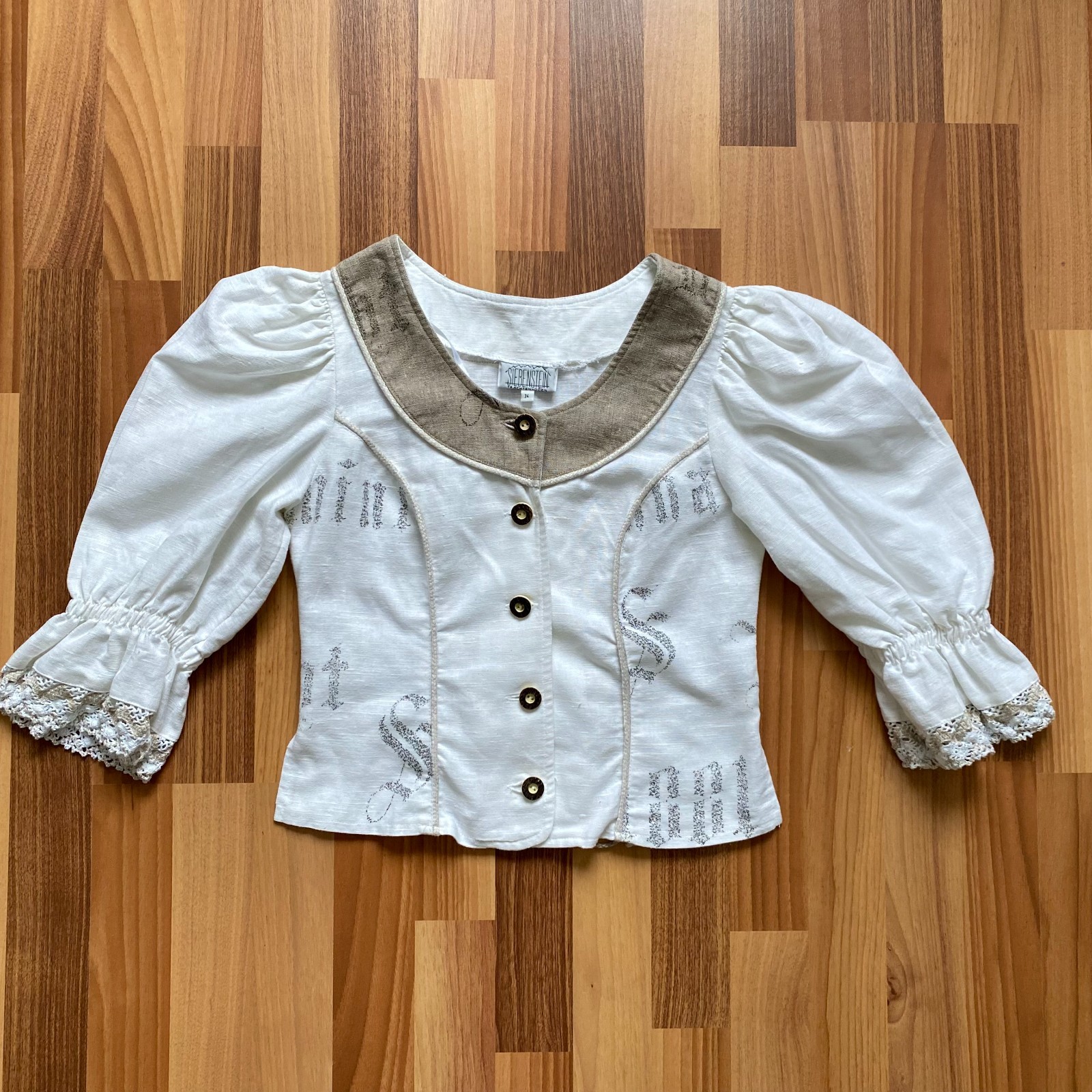 Vintage German Linen Puff Sleeves Blouse Button Front Corset Cottagecore Folk 34