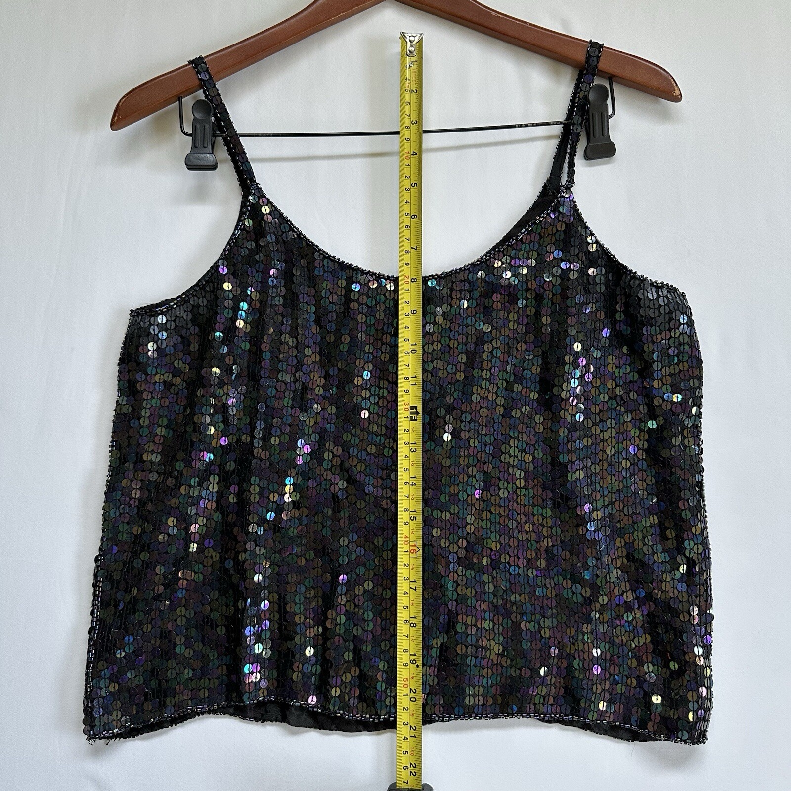 VTG 100% Silk Sequins Beaded Spaghetti Black Strap Top Spell Bound Size Medium