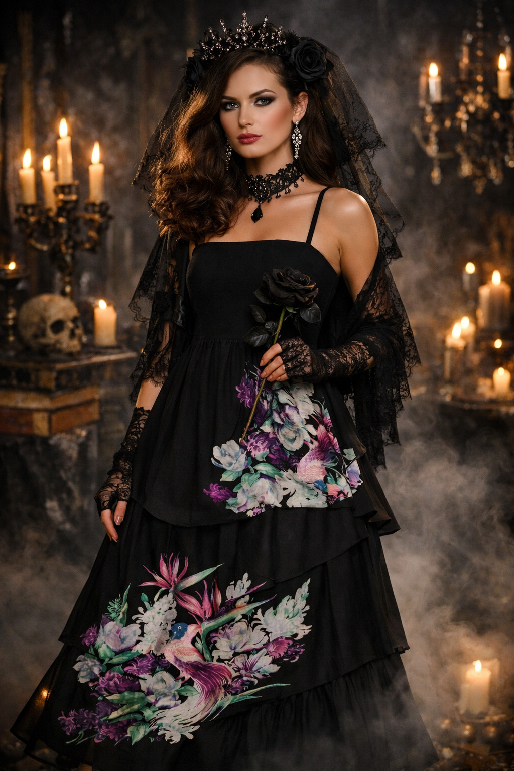 70s Vintage Black Maxi Dress Floral Bird Print Layered Jersey Boho 36 38