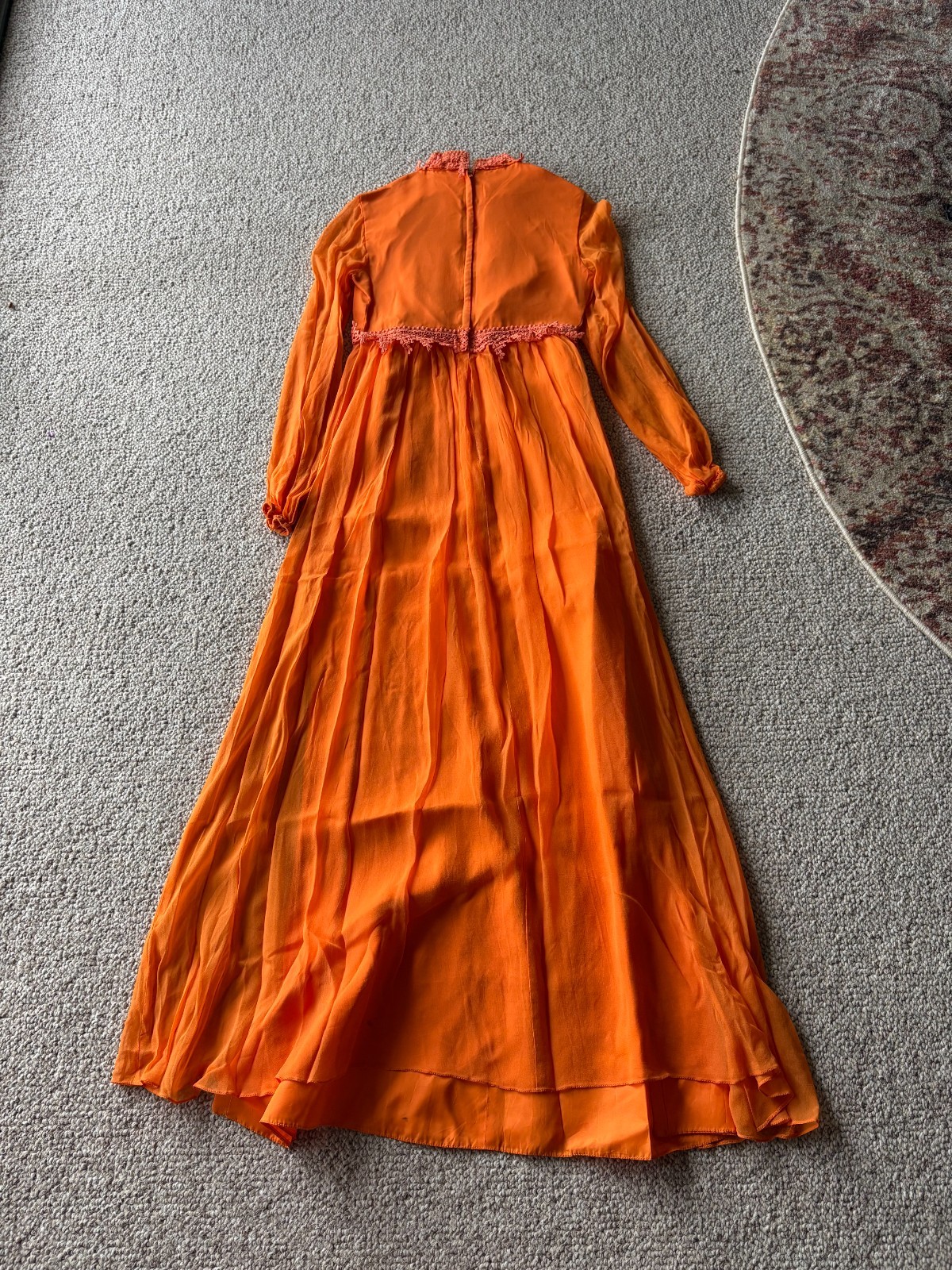 Vintage 70s Orange Boho Prairie Maxi Dress Lace Keyhole Festival S Chic Glam