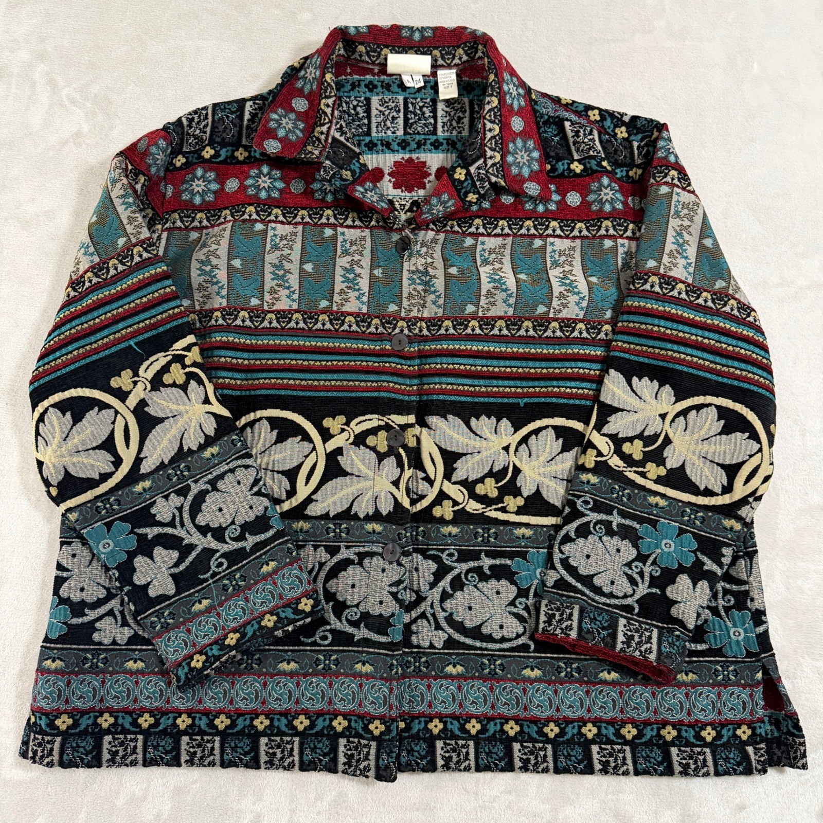 Vintage Chicos Design Tapestry Jacket Womens Size 3 XL Floral Woven Boho