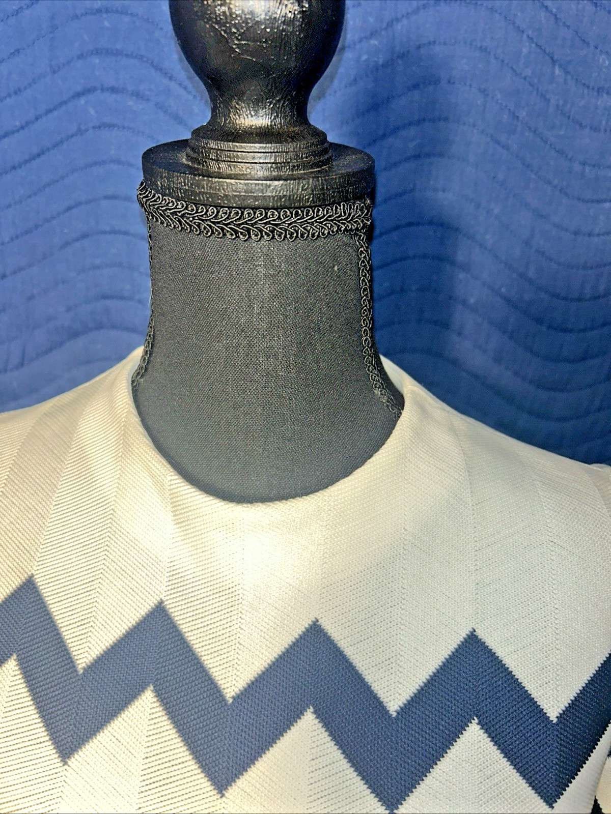 Dalton in Trevira Classic Vintage Dress White with Angled Blue Stripes Size S