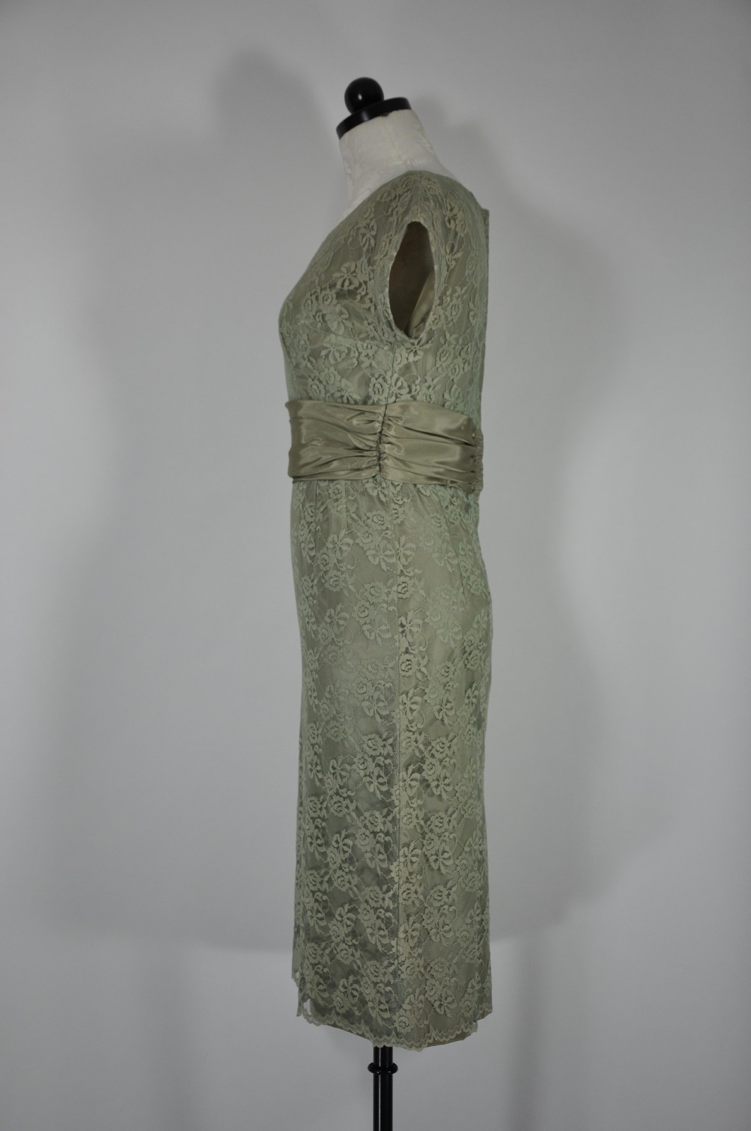 60s Vintage Sage Green Floral Lace Midi Sheath Wiggle Cocktail Dress Women XS S