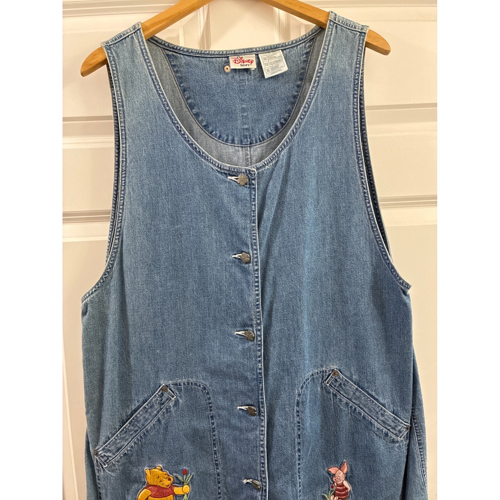 Vintage Disney Store Denim Jumper Dress XL Winnie the Pooh Piglet Embroidered