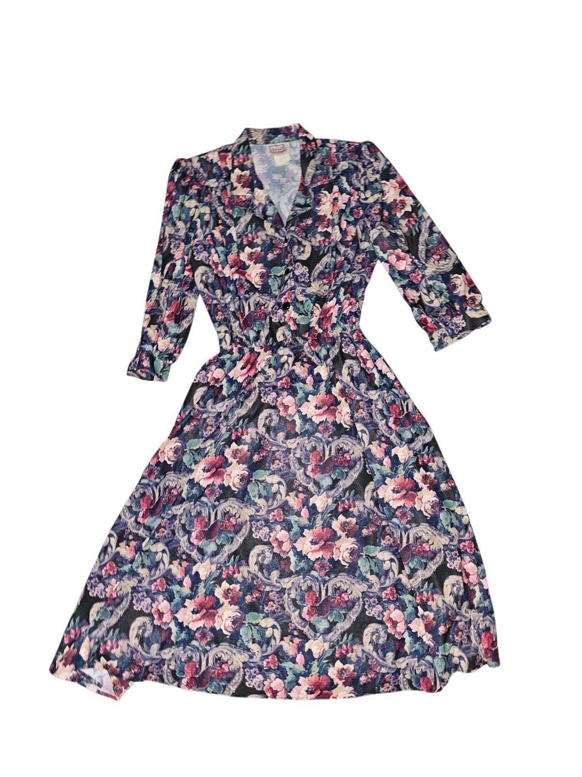 VTG California LOOKS Elastic Waist Button Up Front Floral 3/4 Sleeve Dress 12