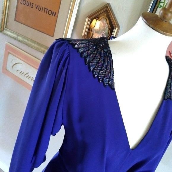 Vintage 1982 Casadei Eletra Royal Blue Beaded Shoulder Open Back Midi Dress