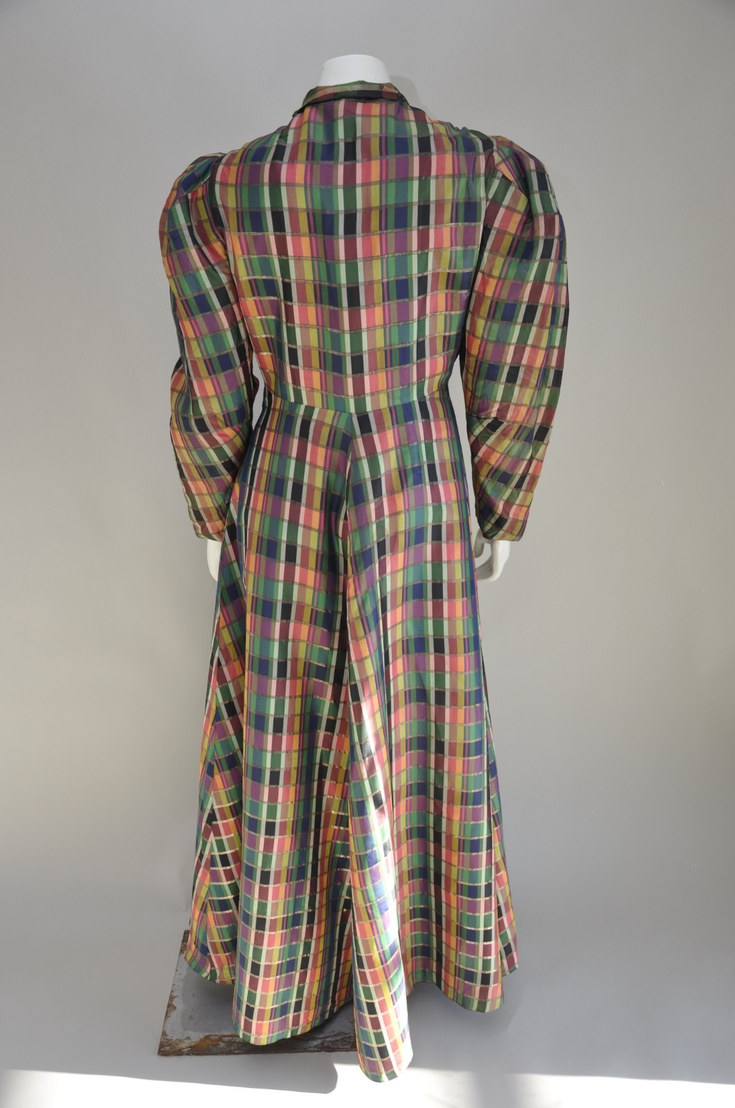 Vintage 1930s RARE Rainbow Silk Plaid Coat Mutton Sleeves Full Skirt Fancy Party