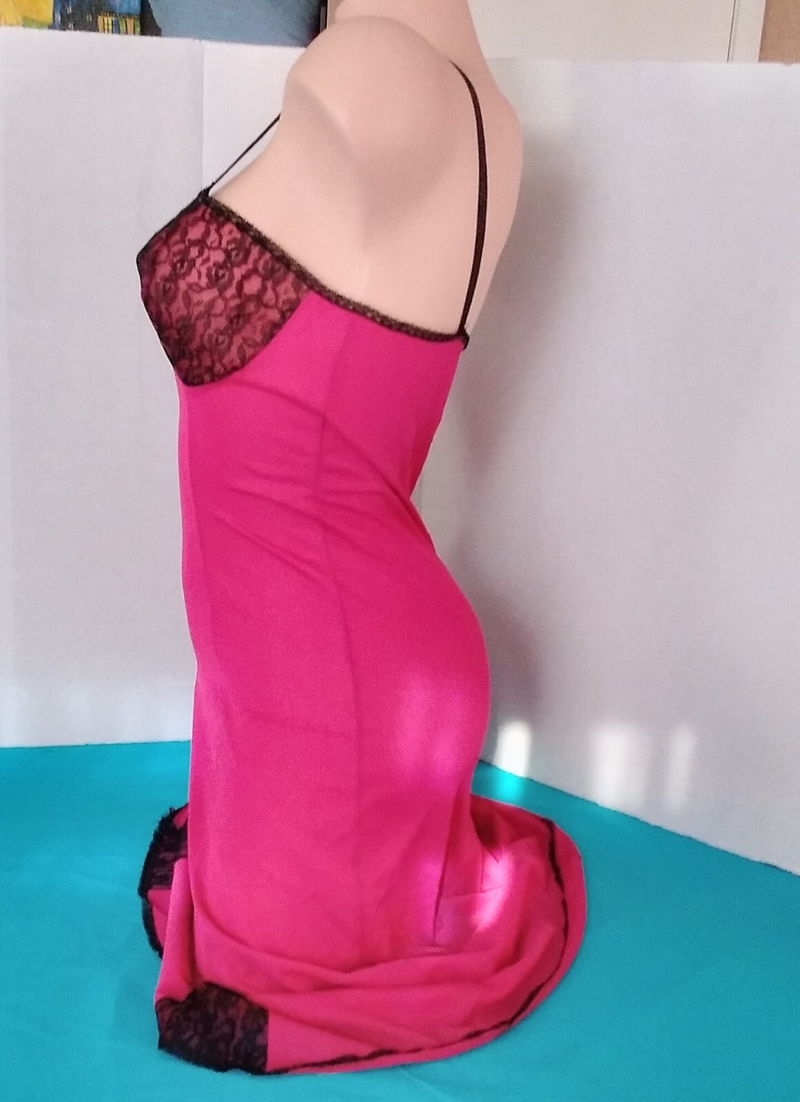 Vintage 60’s Full Slip Dress Chemise European Retro Dark Pink Black Lace M