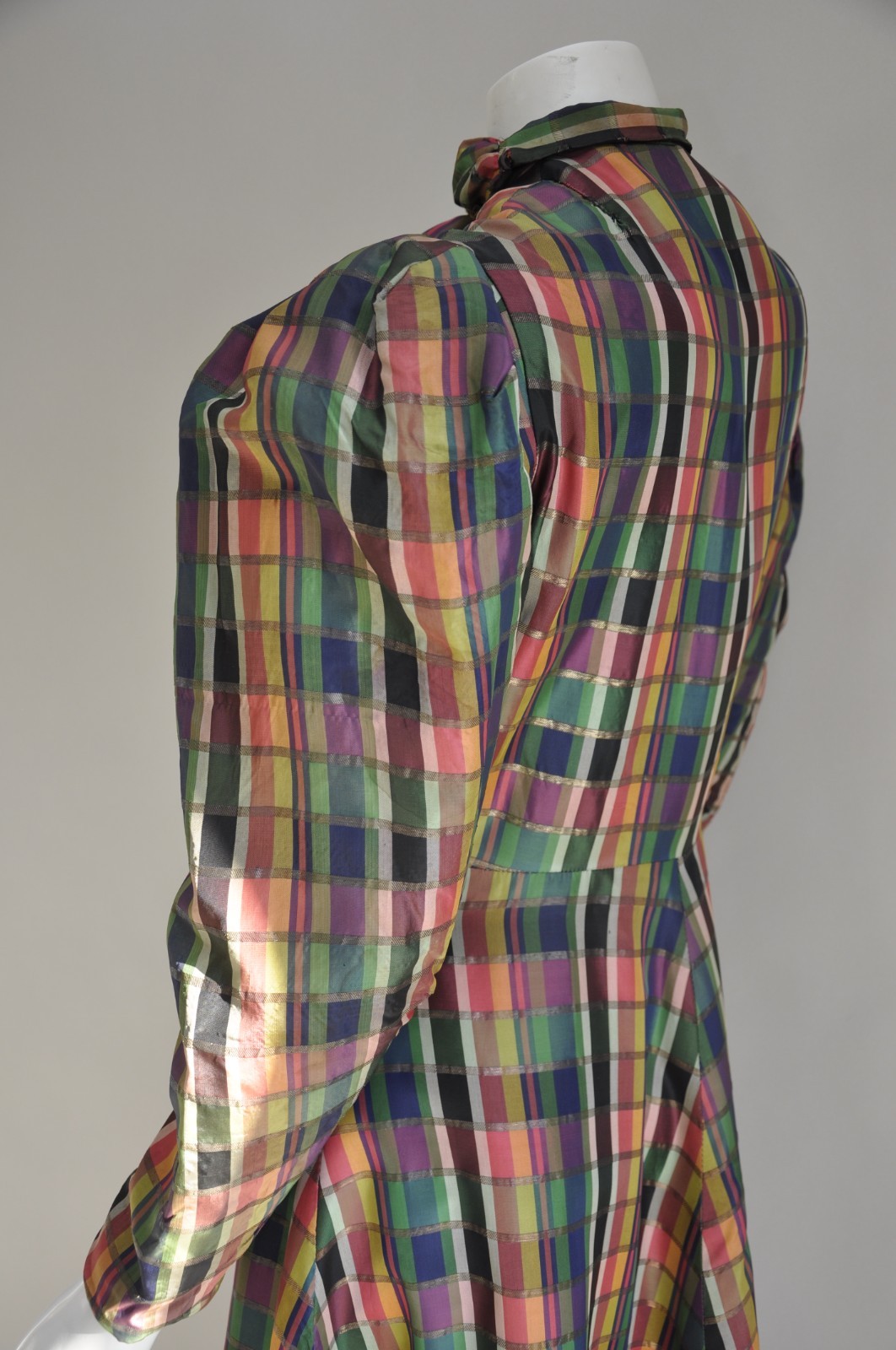 Vintage 1930s RARE Rainbow Silk Plaid Coat Mutton Sleeves Full Skirt Fancy Party