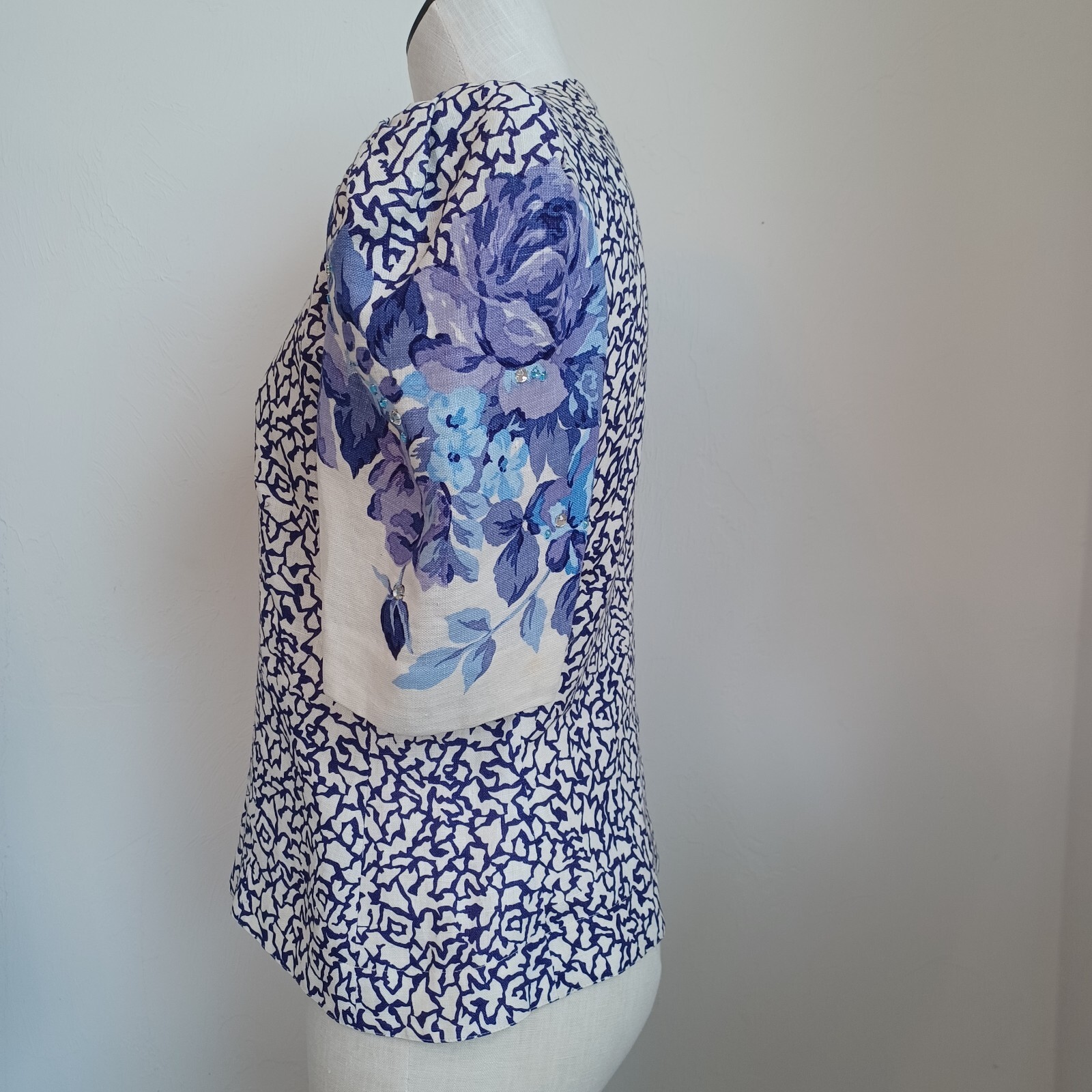 Rickie Freeman Teri Jon Vintage Purple Floral Puff Sleeve Embellished Blouse 8
