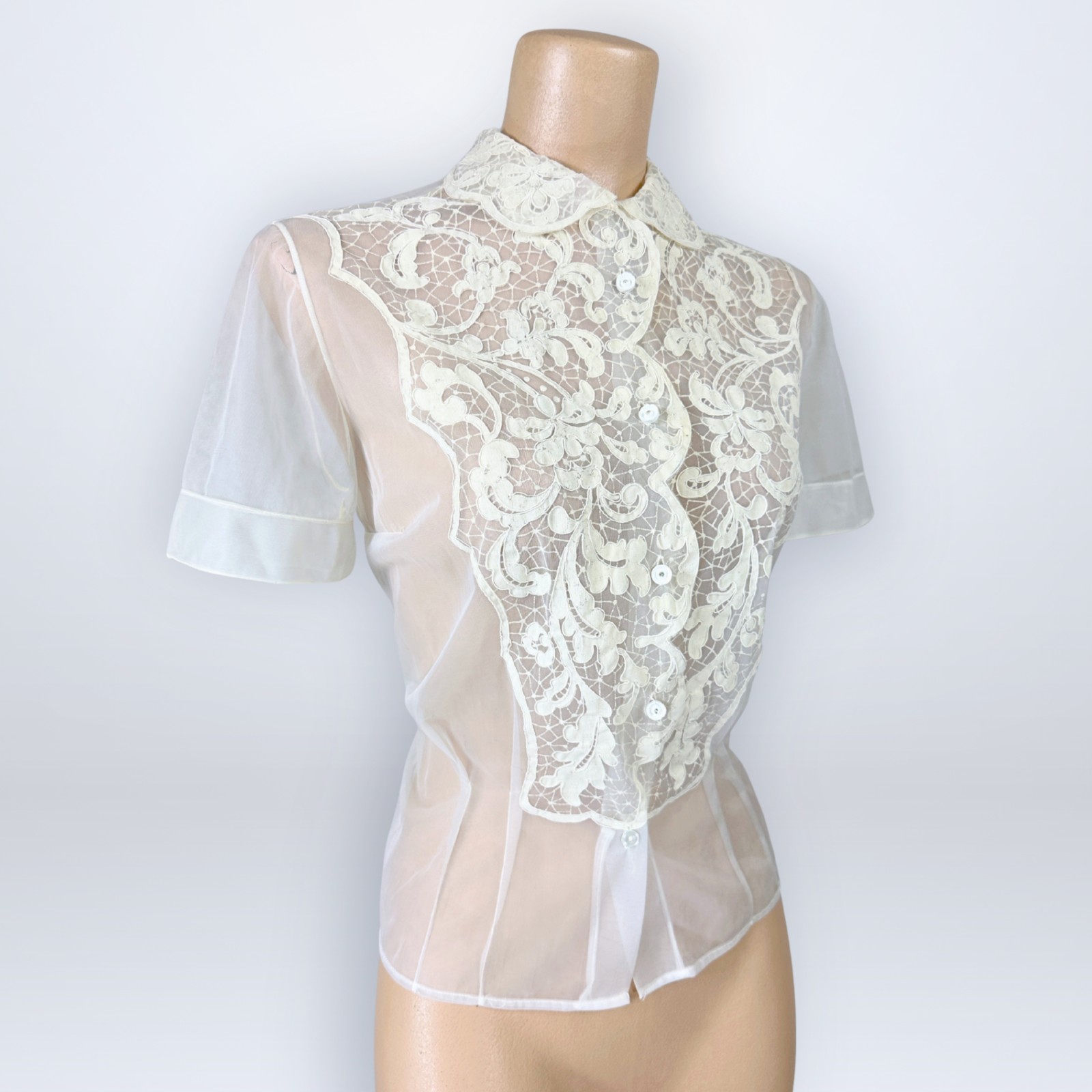 Vintage 1950s Alice Stuart Sheer White Illusion Lace Flock Printed Blouse Top