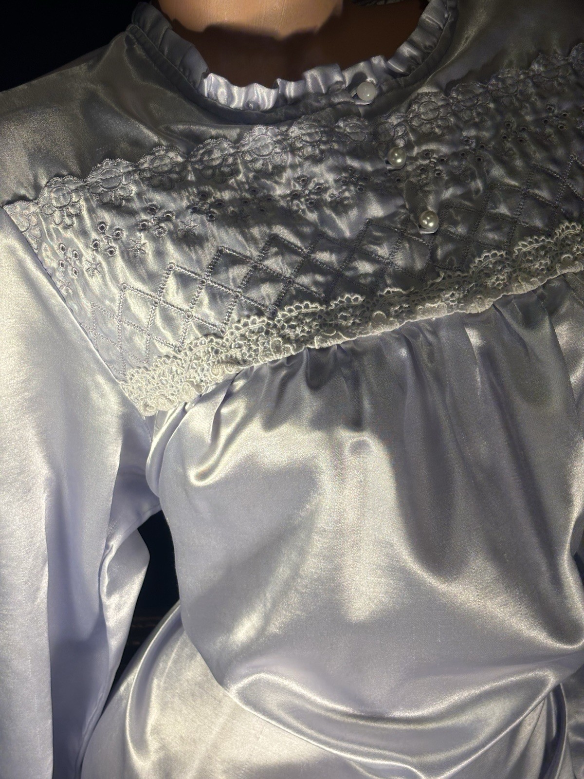 Vtg Satin Soft Lilac Quilted Long White Lace Pearl Frilly Nightie Nightgown XL